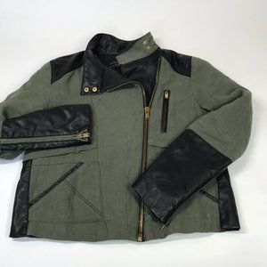 Zara Moto Jacket Women's L Asymmetrical Olive Green Black Sleeve Gold Zip Spring